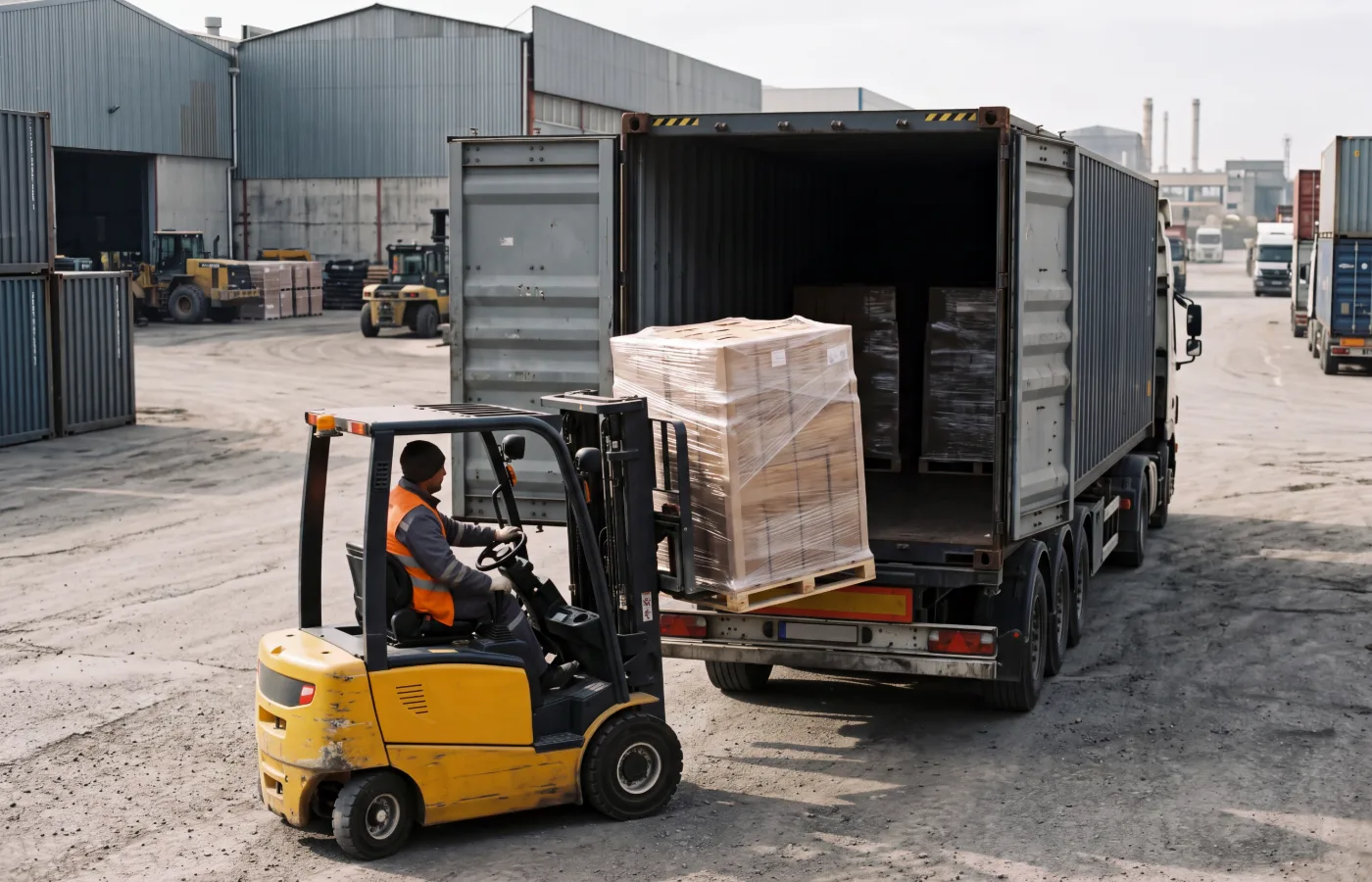 Kıraç bölgesinde konteyner boşaltan forklift