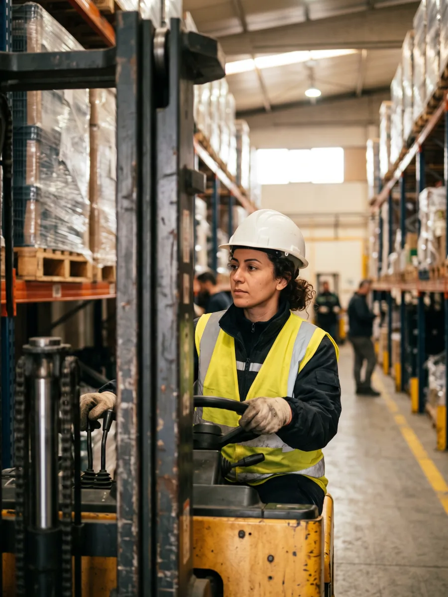 Forklift operatörü yük kontrolü yapıyor
